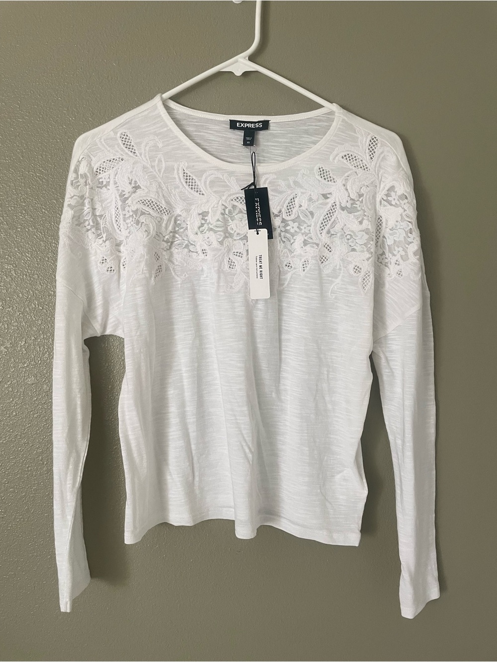 Express White Long Sleeve Top with Lace Yoke Size XS